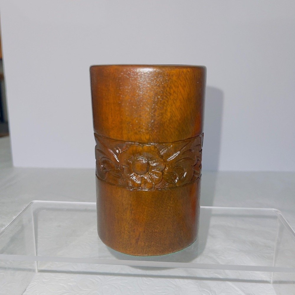 Unbranded Home Office Hand Carved Wood Pencil Cup 4.5in Brown Floral Boho Decor